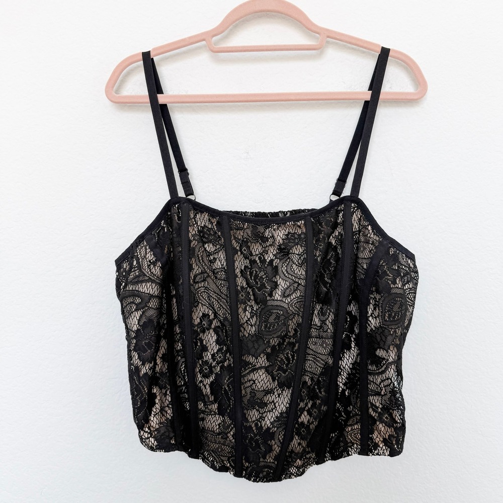 Torrid Womens Corset Top Size 1 Black Lace Overlay Nude Lined Whimsigoth Gothic